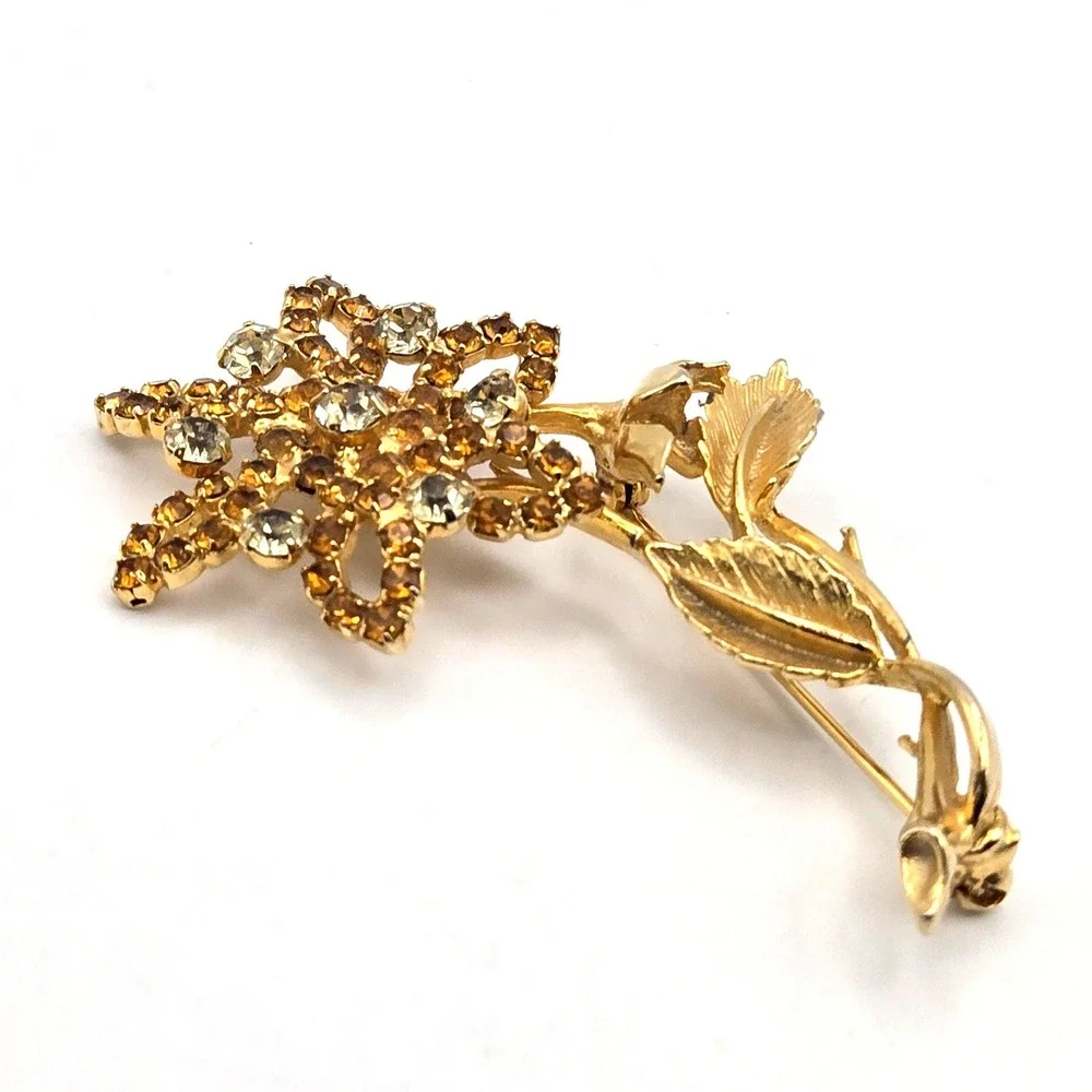 Vintage Gold Tone Honey Rhinestone Flower Brooch Pin Mid Century‎ Floral Jewelry